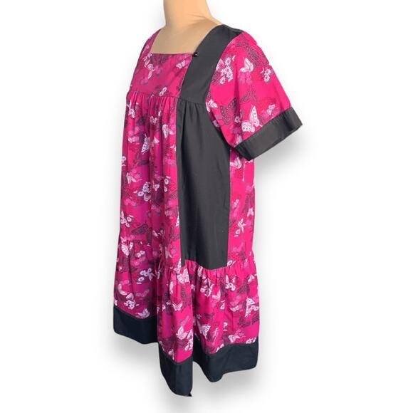 Vintage RM Made in Hawaii Pink Butterfly Dress Black Trim Square Neck Ruffle Hem - Picture 3 of 9